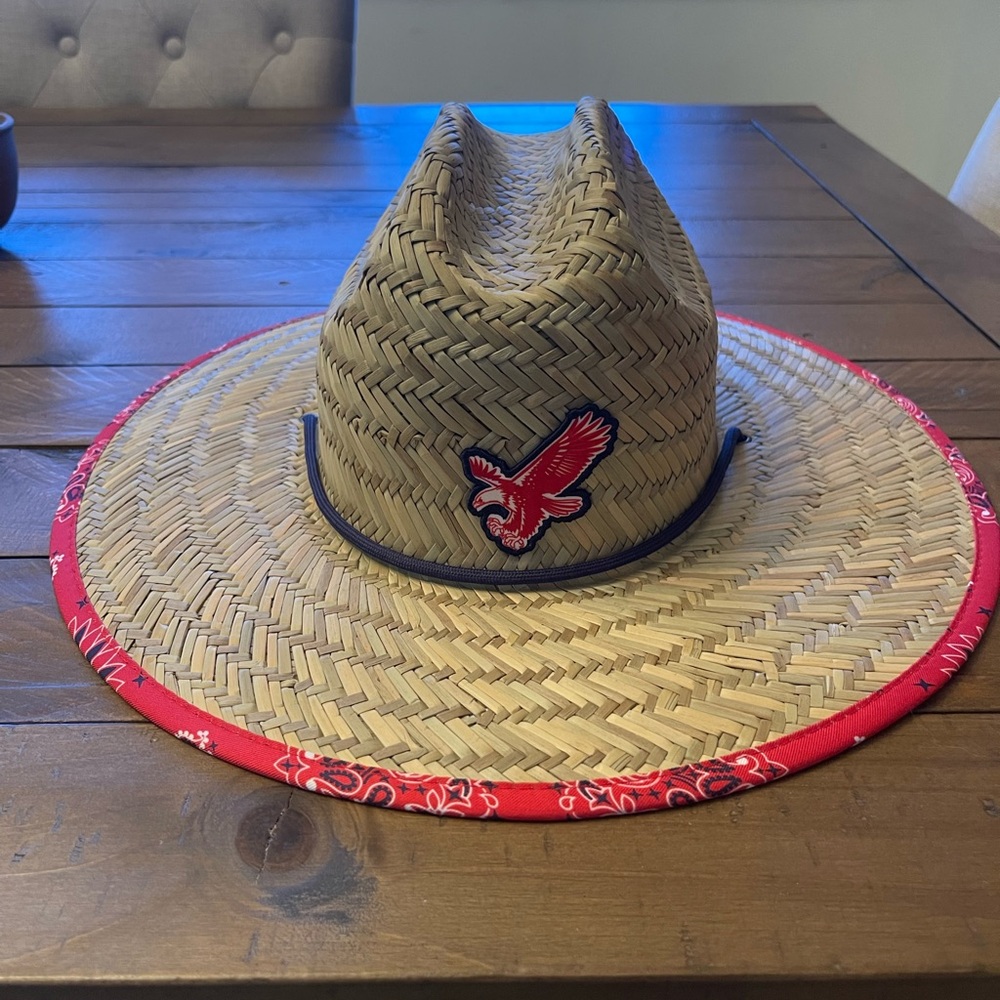Paisley Red Straw Hat with Eagle Patch